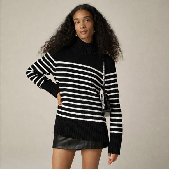 J. CREW Cotton Turtleneck Sweater in Stripe Black White Sz XL $148 {EE29}